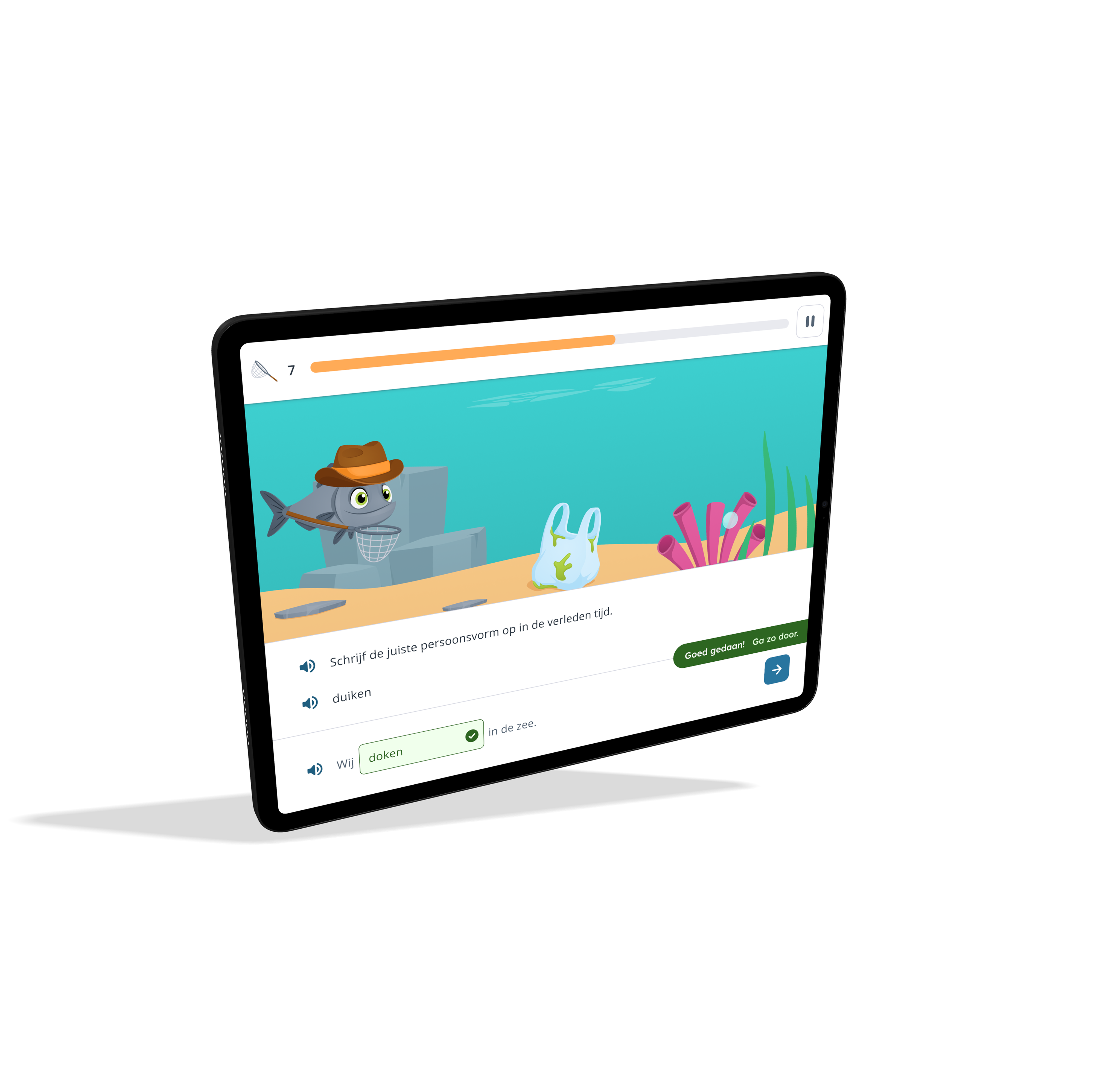 Ocean Cleaners trainer interface showing a verb spelling exercise with a text input field